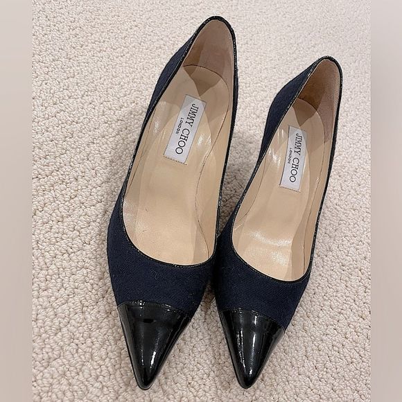 EUC Jimmy Choo Navy Blue/Black Fabric and Patent Leather Romy Pumps Sz. 36.5 - Picture 1 of 5